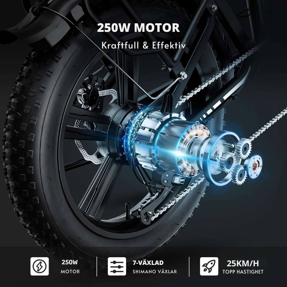 OOK-TEK Hopfällbar El-Cykel  250W 48V 15Ah | 20" Fatire  ElCykel 25km/h 80km Räckvidd Scootly