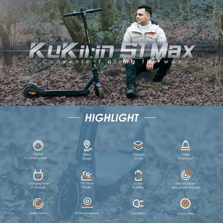 KuKirin S1 Max Elscooter – 350W, 25 km/h, 10.4Ah, 8” Punkteringsfria Däck Kukurin